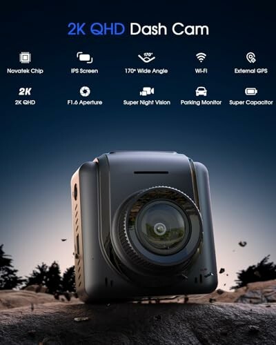 2K QHD dash cam with features like wide angle, Wi-Fi, GPS, night vision.