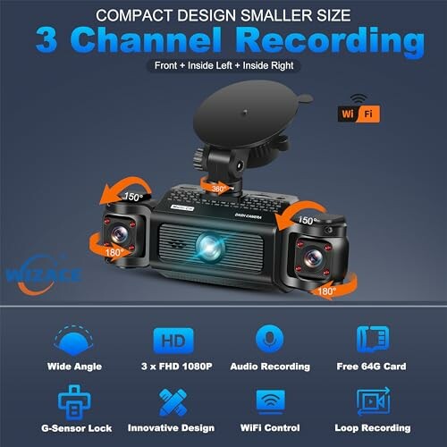 3 Channel Dashcam with wide angle, HD recording, WiFi, and G-sensor lock features.