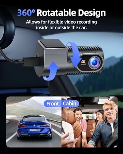 360-degree rotatable dash cam with front and cabin view.