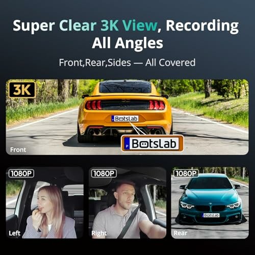 Car camera views showing front, rear, and sides coverage in 3K and 1080P resolution.