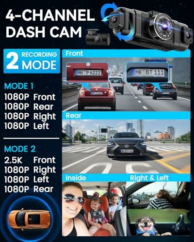 4-channel dash cam with two recording modes and front, rear, inside views.