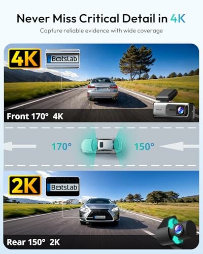 Dash cam showcasing 4K front and 2K rear coverage with wide angle views.