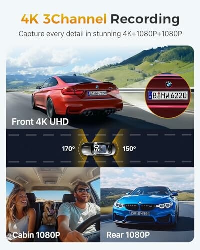 Dashcam showcasing 4K front, 1080P cabin, and 1080P rear recording features.