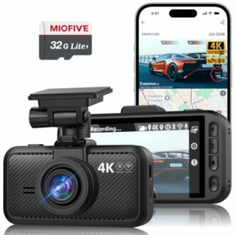 4K dash cam with SD card and smartphone app display.