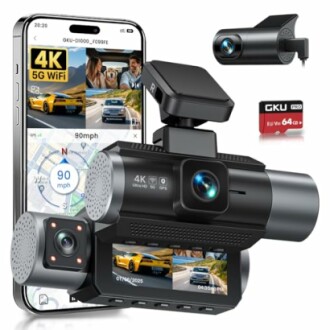 4K dash cam setup with smartphone display and 64GB SD card.