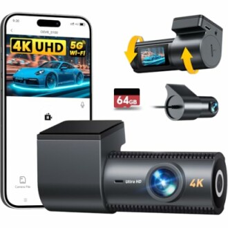 4K dashcam with smartphone interface and 64GB storage.