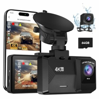 4K dual dash camera with smartphone connectivity and 64GB card.
