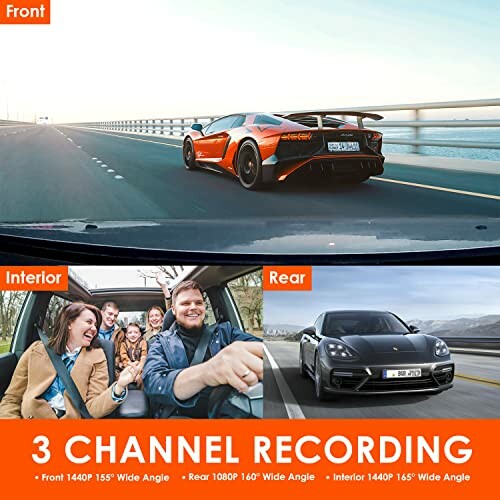 Three-channel car camera recording front, interior, and rear views.