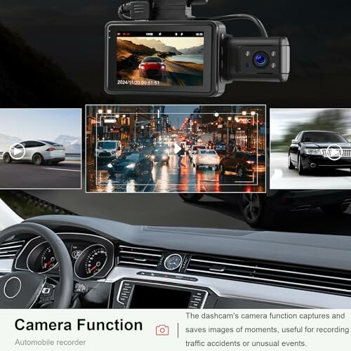 Car dashcam displaying recorded footage with city traffic and road view.