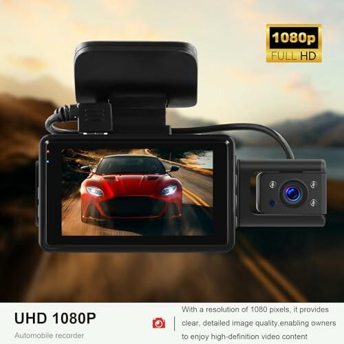 Car dashcam with UHD 1080P recording showing a car on the screen.