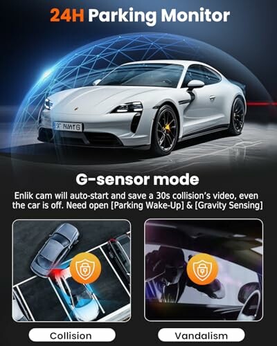 Advertisement for 24H Parking Monitor with G-sensor mode and car images.
