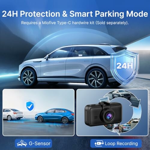 Car with security features: 24H protection, smart parking mode, G-sensor, loop recording.