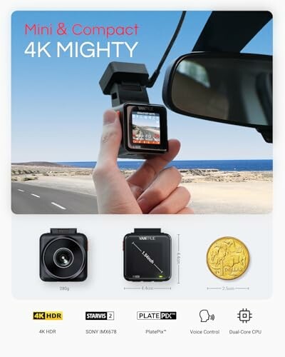 Compact 4K dashcam with features like HDR, Starvis 2 sensor, and dual-core CPU.