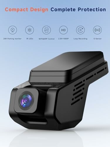 Compact dashcam with features listed: 24H parking monitor, IR LEDs, WiFi APP control, HD, 2.5K 1080P, loop recording, G-sensor.