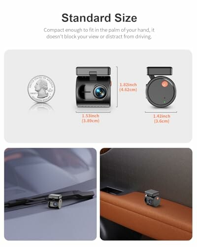 Compact dashcam size comparison with a coin, showing installation on car dashboard.