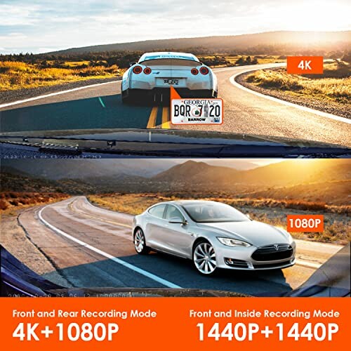 Comparison of dash cam recording modes: 4K with a car on a winding road, and 1080P with a different car on the same road.