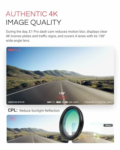 Dash cam image showcasing 4K quality with wide-angle lens and CPL filter.