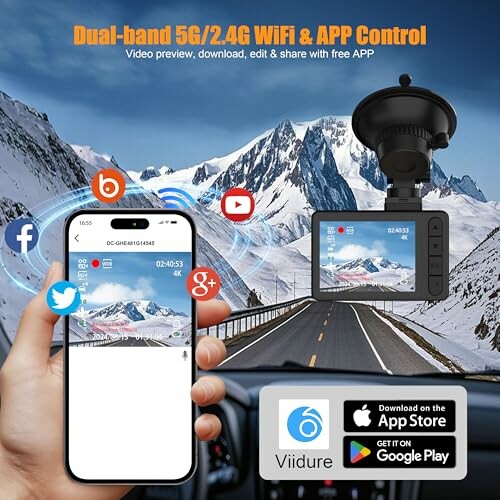 Dash cam with app control and mountain road view.