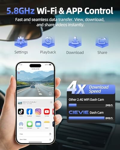 Person holding phone with dash cam app interface and Wi-Fi control options.