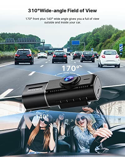 Dash cam showing 310-degree wide-angle field of view on a highway.