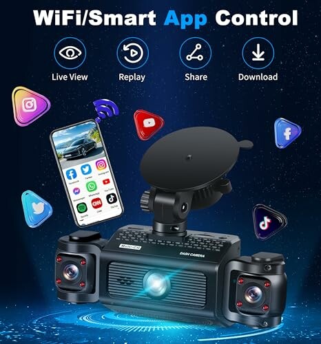 Dash cam with WiFi and app control features, showing smartphone connectivity and social media icons.