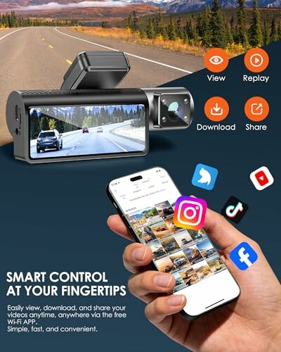 Dashboard camera with smartphone app integration for video control and sharing.