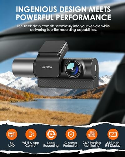 iZEEKER dashcam with 4K UHD, Wi-Fi, loop recording, G-sensor, parking monitoring, and IPS display.