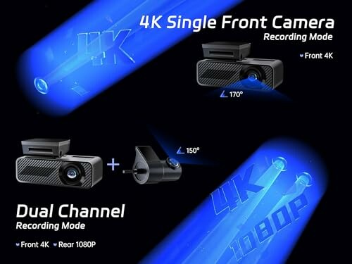 Dashcam recording modes: 4K single front camera and dual channel.