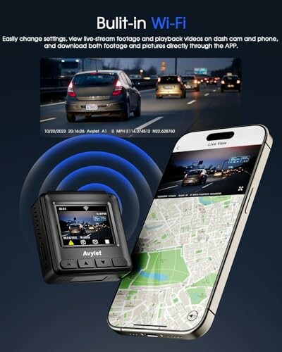 Dashcam and smartphone with Wi-Fi integration displaying live view and map.