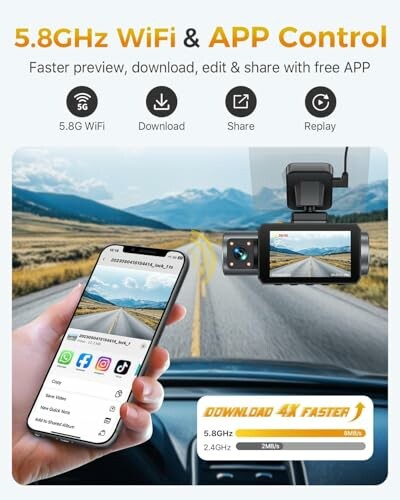 Dashcam with 5.8GHz WiFi and app control features displayed on a smartphone.