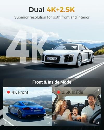Dual 4K and 2.5K camera resolution for front and interior views showing a car driving on a scenic road.