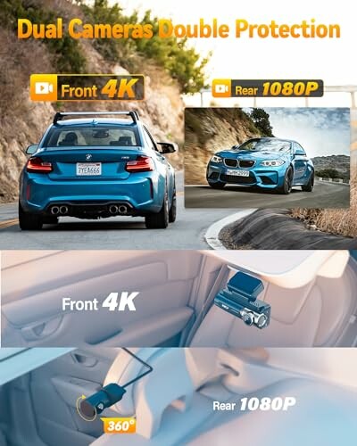 Car with dual cameras, front 4K and rear 1080P, showing interior and exterior views.