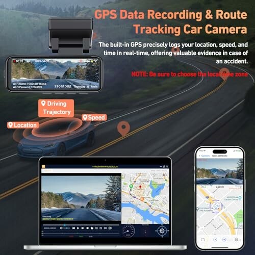 GPS data recording and route tracking car camera with devices showing location, speed, and trajectory.