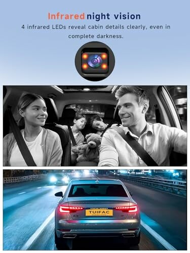 Infrared night vision camera showing family in car and vehicle rear view at night.