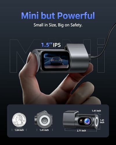 Compact dashcam with 1.5-inch display held between fingers, showcasing size comparison to a coin.