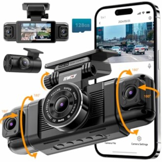 Multi-camera dashcam system connected to a smartphone displaying recording interface.