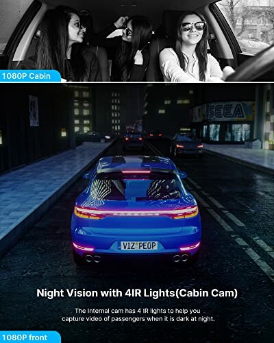 Car interior and exterior with night vision camera views.