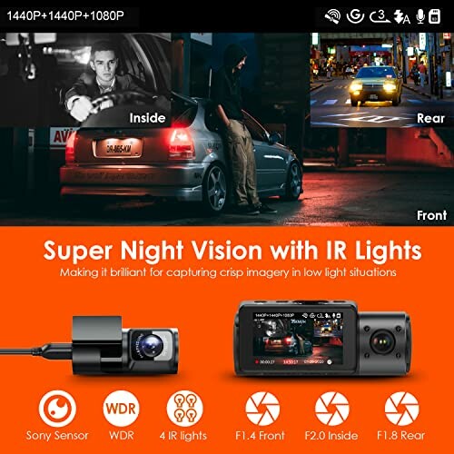 Dashcam with super night vision features and IR lights.