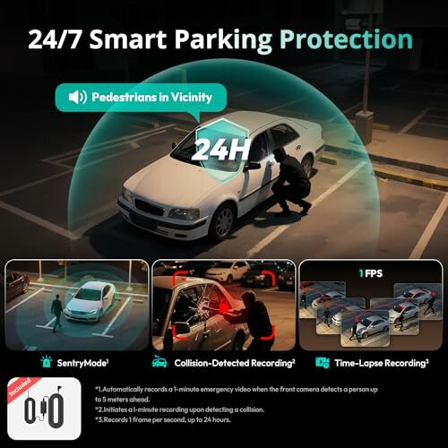 Smart parking protection with pedestrian detection and recording features.
