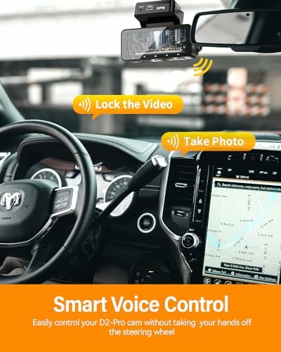 Car interior with voice-controlled dashcam and GPS display.