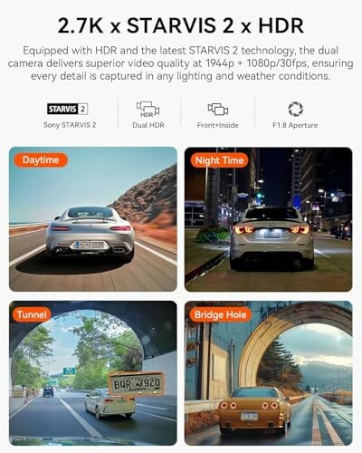 Comparison of STARVIS 2 HDR technology in various lighting conditions: Daytime, Tunnel, Bridge Hole, Front and Inside.