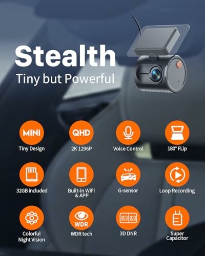 Stealth dashcam features overview with icons and text.
