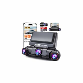 Triple dash camera system with smartphone integration and memory card.
