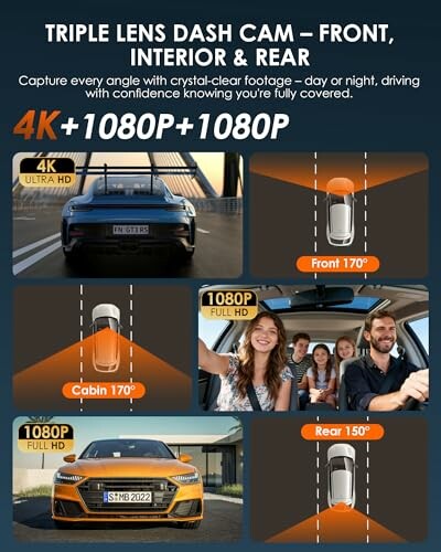 Triple lens dash cam showcasing front, interior, and rear views with 4K and 1080P quality.