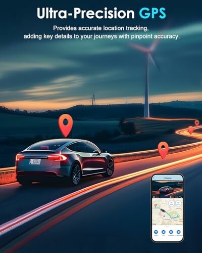 Car on road with GPS markers and smartphone displaying map.