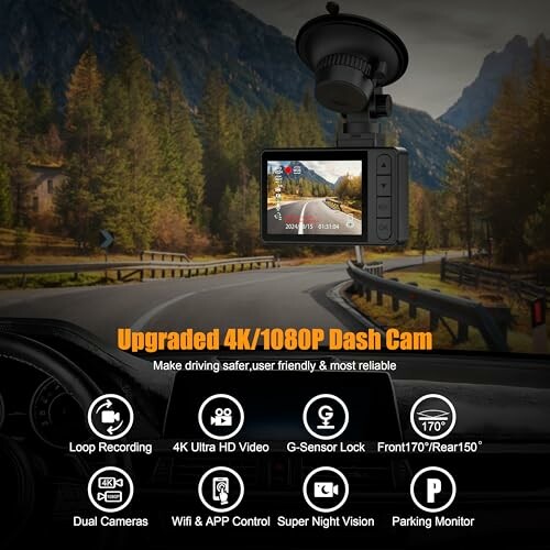 Upgraded 4K 1080P Dash Cam with features displayed.