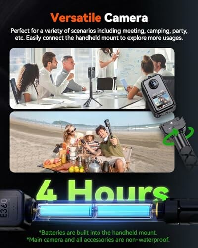 Promotional poster for a versatile camera highlighting various usage scenarios including meetings and camping.