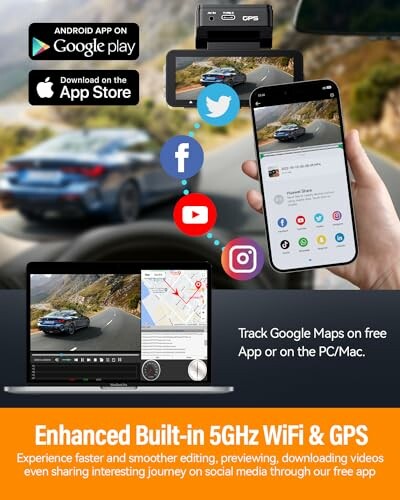 Promotional image for camera app with 5GHz WiFi and GPS, featuring smartphone and laptop interfaces.