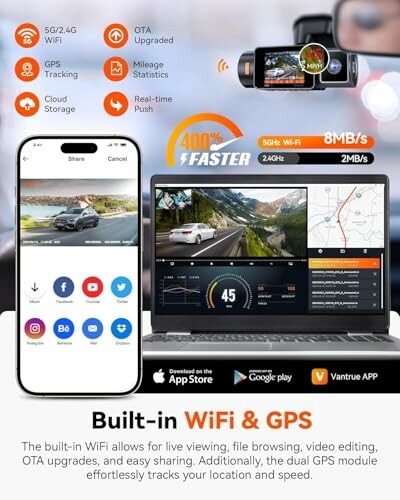 Dashcam with built-in WiFi and GPS features displayed on phone and laptop.